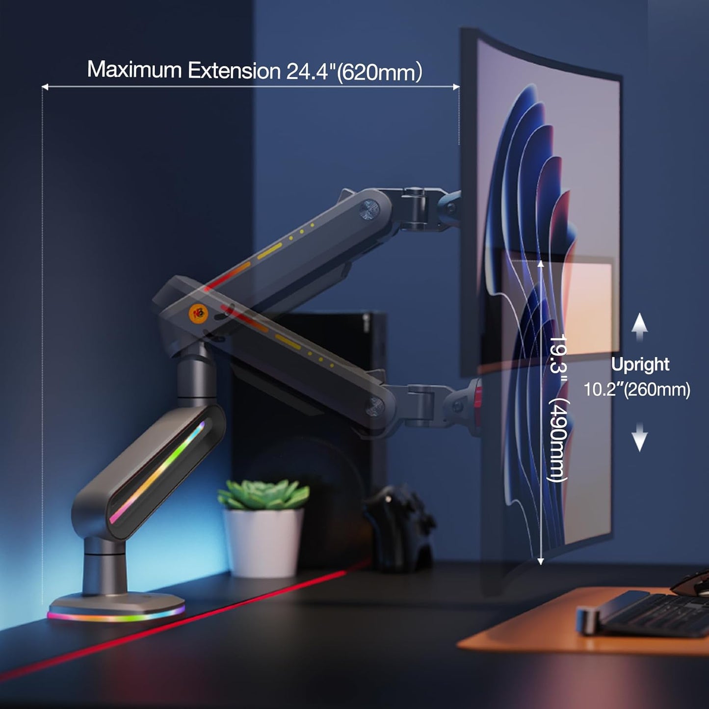 NB Designer Gaming Monitor Arm for 32 to 60 Inches Screen, Load up to 20 kg, VESA 75/100, RGB-Light, Heavy Duty, Multi Angle Adjustable, Premium Aluminum, Long Arm Extension Grey Black