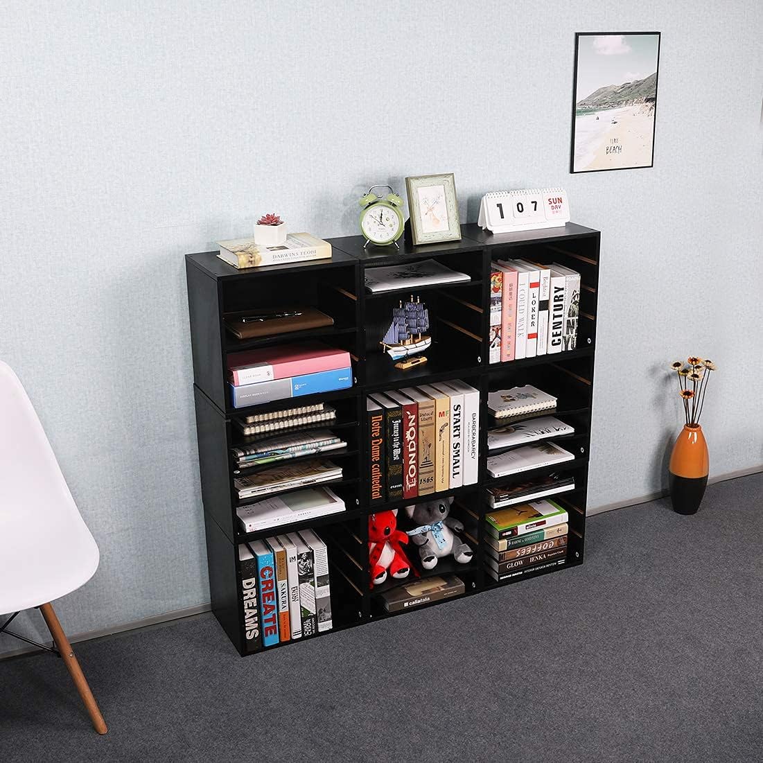 PAG Mail Sorter Organizer, Wood Countertop Literature Organizer, Office Supplies Desktop File Bill Paper Organizer for Office Home School, 4 Compartments, Black