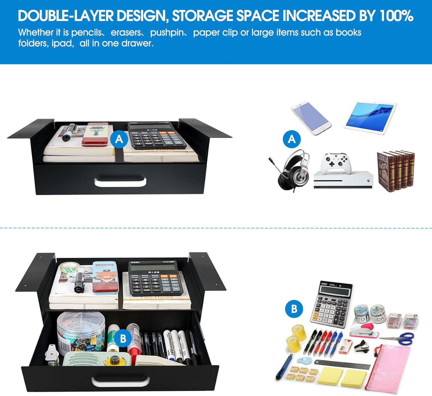 GOME Under Desk Drawer Storage with Laptop/Book/Folders Shelf, Double Layer Easy Slide-Out Undermount Drawer Organizer with Ball Sliding Track for Home Office Sit-Stand Workstation