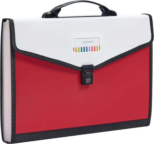 Legal Size 13-Pockets Expanding File Folder with Handle, Plastic Accordion Filling File Folder Expandable Monthly Portable Paper Document Organizer for Office School & Home (Red)