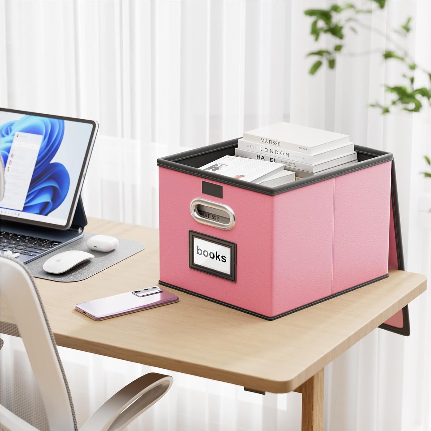 Huolewa Portable Leather File Organizer Storage Boxes, Collapsible File Folder Organizer Boxes with Lids, Document Organizer, Decorative Filing Box Cabinet for Letter/Legal File Folder Storage