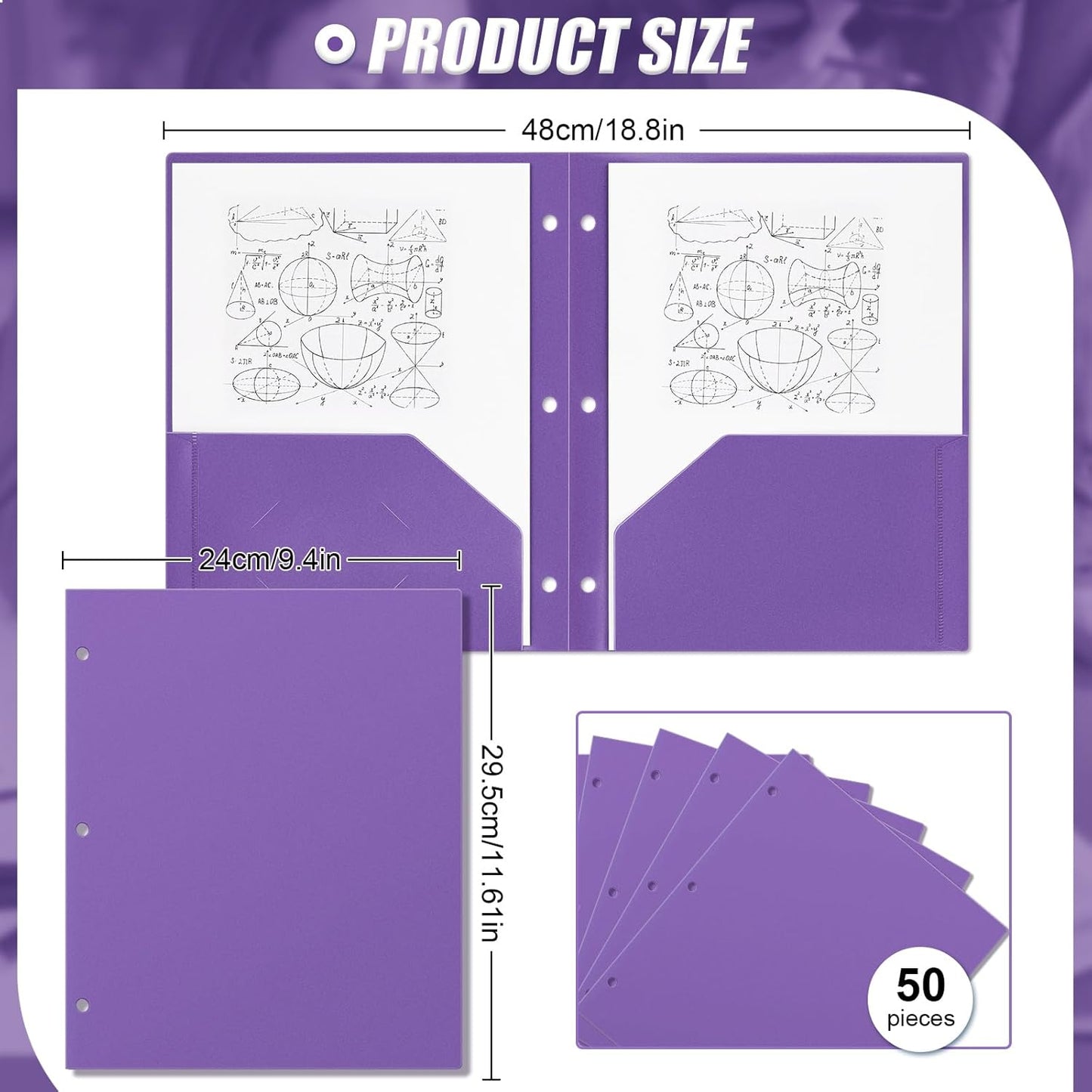 Yeaqee 50 Pcs Plastic Folders with Pockets Bulk 3 Hole Punched 2 Pocket File Folders for 3 Ring Binder Divider Folder for Notebooks, Durable Poly for Office Home (Purple)
