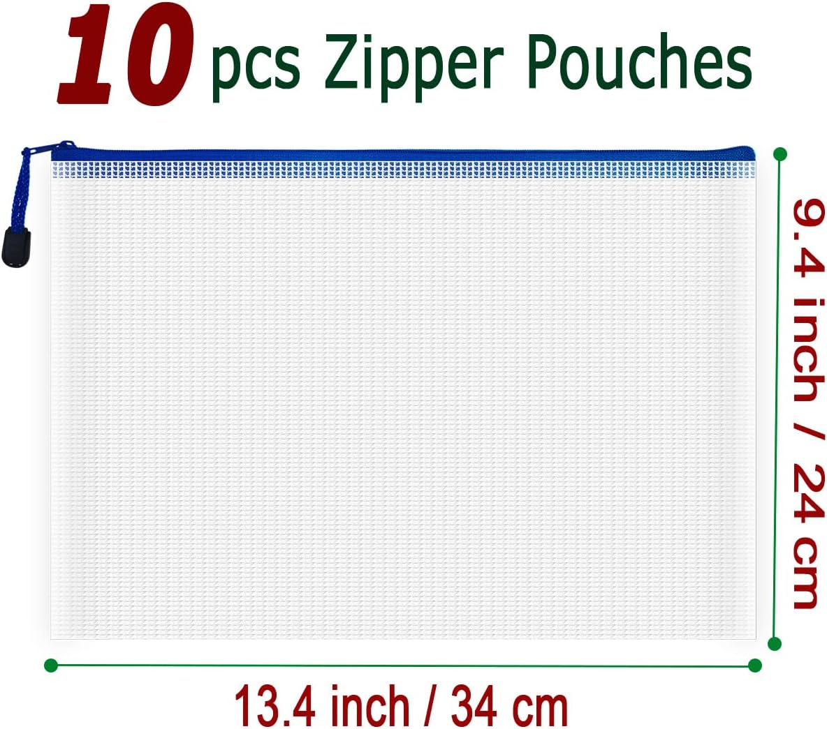 AUSTARK 10 Pcs Zipper File Bags, Waterproof Plastic Mesh Pouch for Office School, Board Game Storage Bags (A4 Size 13.4''x9.4'', White and Blue)