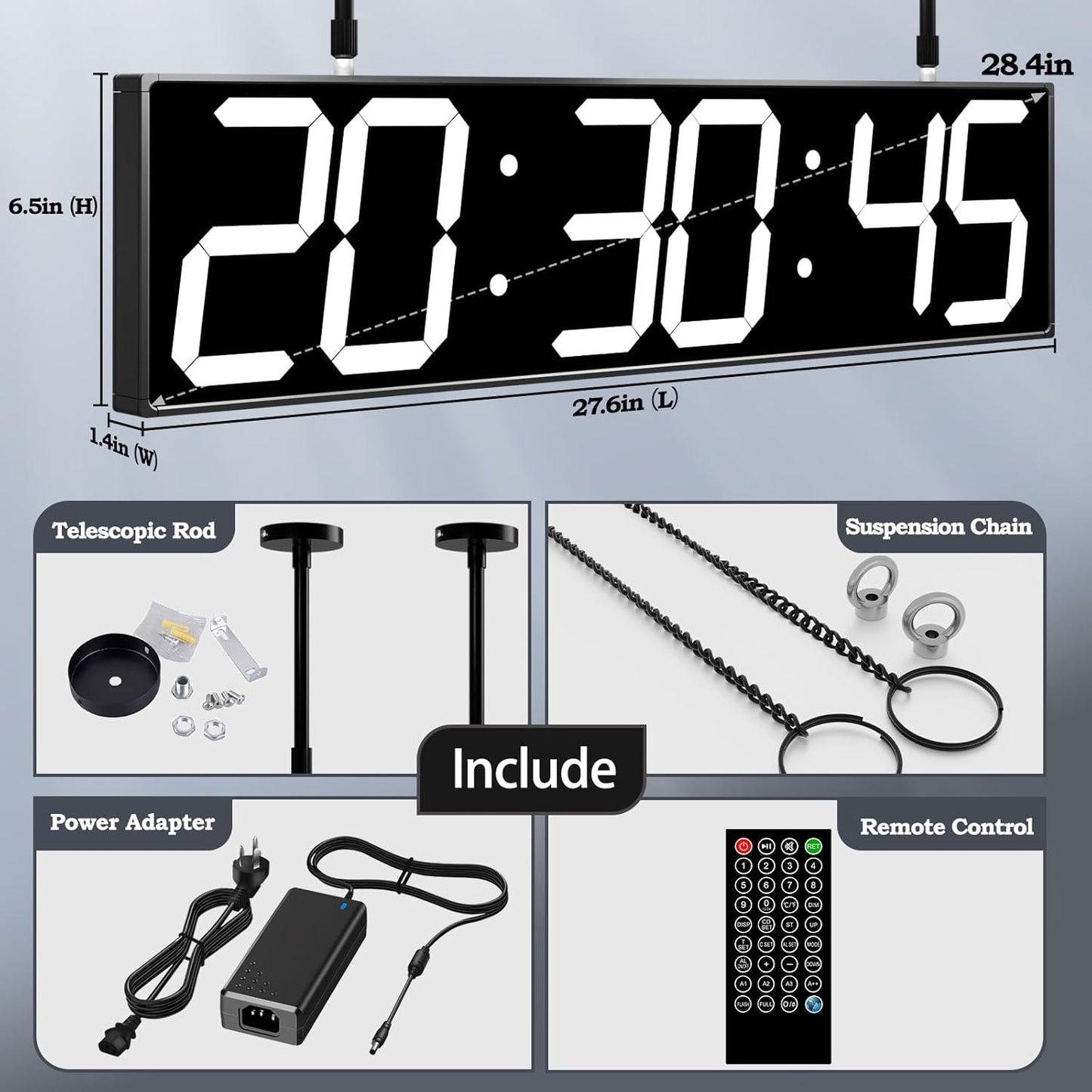 28.4‘’ Digital Clock with Large Display,Hanging Clock with Clearly Visible Large Digital Double-Sided Display,Multi-Function Led Clock with Temperature and Calendar Display (White)