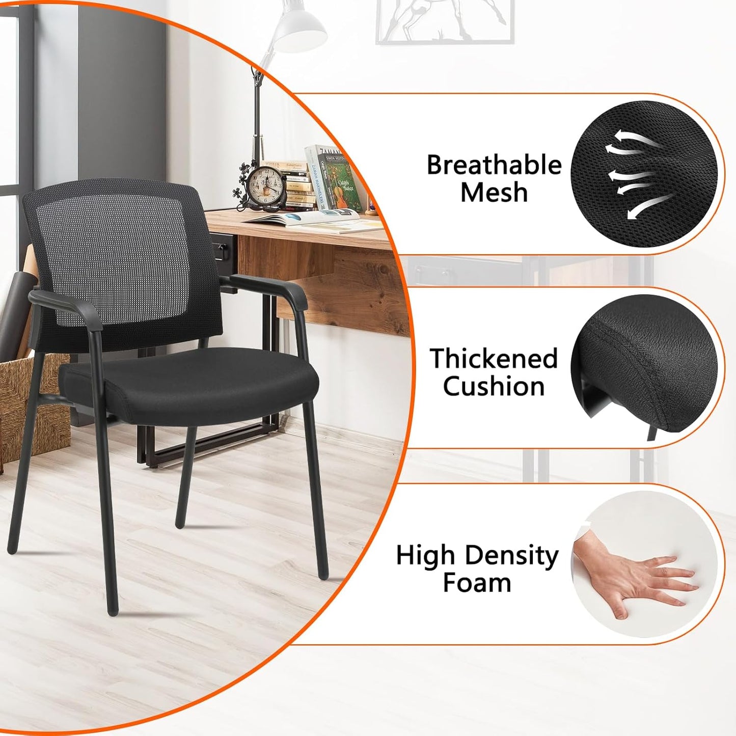 CLATINA Office Reception Guest Chair Mesh Back Stacking with Ergonomic Lumbar Support and Thickened Seat Cushion for Waiting Conference Room Black 2 Pack