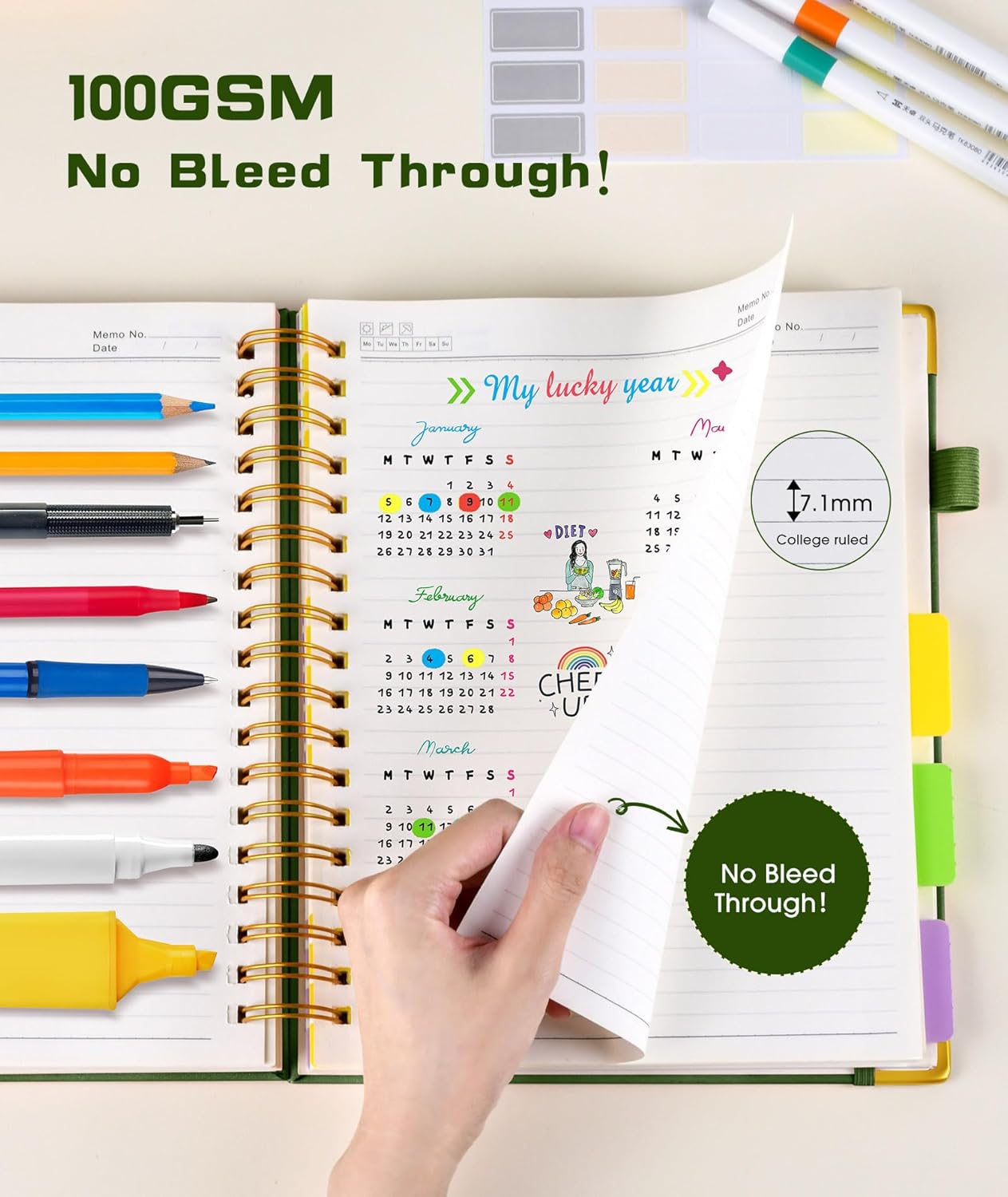 Hardcover Spiral Notebook journal with Removable Dividers Tabs, 300 Pages Leather 5 Subject Notebook College Ruled, 8"x10" Large B5 Notebooks for Work School Note taking, Lined Journal for Women,Green