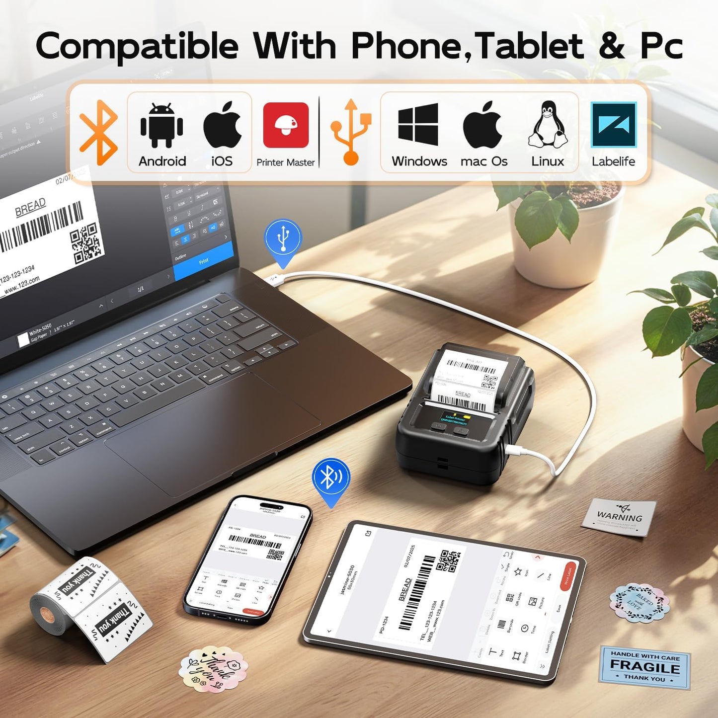 Phomemo Label Maker, 2 Inch Bluetooth Themal Label Printer with 3 Rolls Thermal Paper(4030/5030/5080mm), Inkless Labeler for Home, Bussiness, School, Office, Address, Sticker Printer for Phone & PC