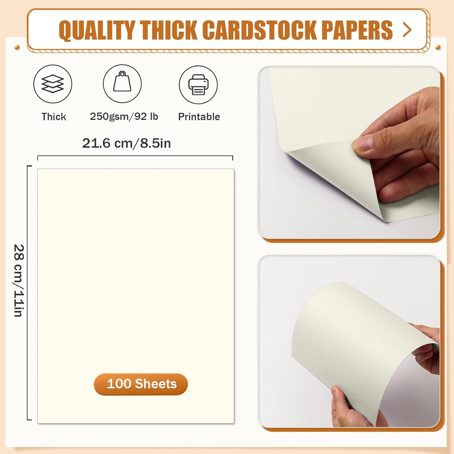 MixTeach 100 Sheets Cream Cardstock 8.5 x 11 Inch Thick Cardstock Paper, 250gsm/92lb Double Sided Cream Card Stock Printer Paper for Cards Making, Crafts, Scrapbook, Invitations, Drawing, Printing