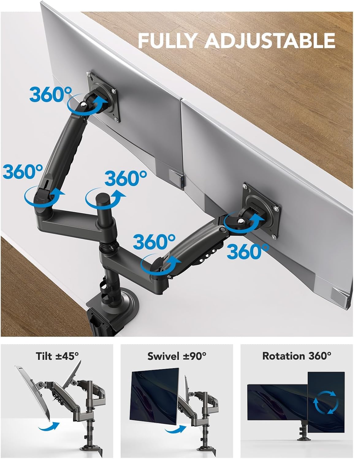 HUANUO 17-32 Inch Dual Monitor Stand, Gas Spring Dual Monitor Mount, Monitor Stand 2 Monitors, Ergonomic Adjustable Tilt/Swivel/Rotate, Weight Max 19.8 lbs, VESA 75/100mm