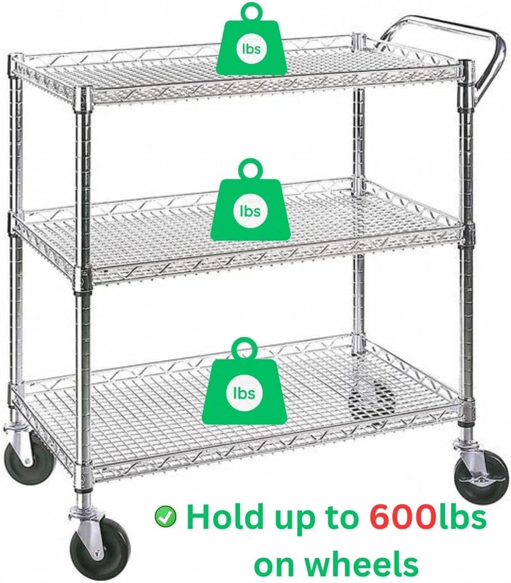 Heavy Duty 3 Tier Rolling Utility Kitchen Cart on Wheels,Large 45"L x 17 1/2"D x 45"H Metal Serving Cart Commercial Grade with Wire Shelving and Handle Bar for Office School Church Kitchen Hardware