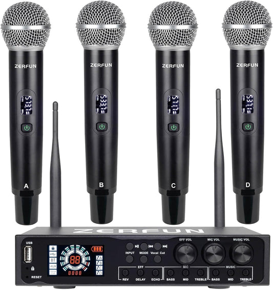 Pro 4 Channel Wireless Microphone System Rechargeable & Pre Effector, UHF Metal Handheld Cordless Mics with LCD Display, Vocal Cut, Bluetooth, USB Port, XLR, 1/4, Optical, RCA Input/Output