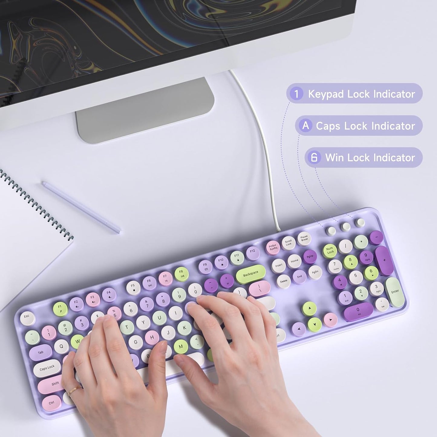 Wired Keyboard, 104 Keys Full-Sized Typewriter Keyboards, USB Office Keyboard with Number Pad, Caps Indicators, Foldable Stands for Windows, PC, Laptop, Desktop (Purple Colorful)