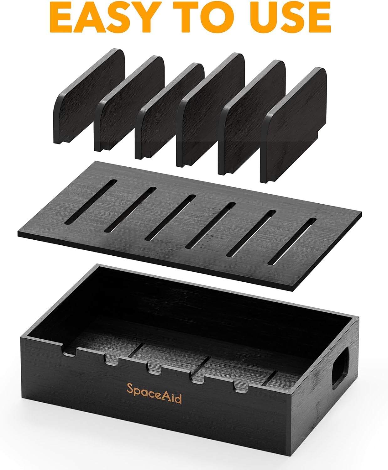 SpaceAid Bamboo Charging Station for Multiple Devices, Cell Phone Docking Stations for Multi Laptop, Tablets and iPads, Nightstand Bedside Desk Device Charger Organizer (Black)