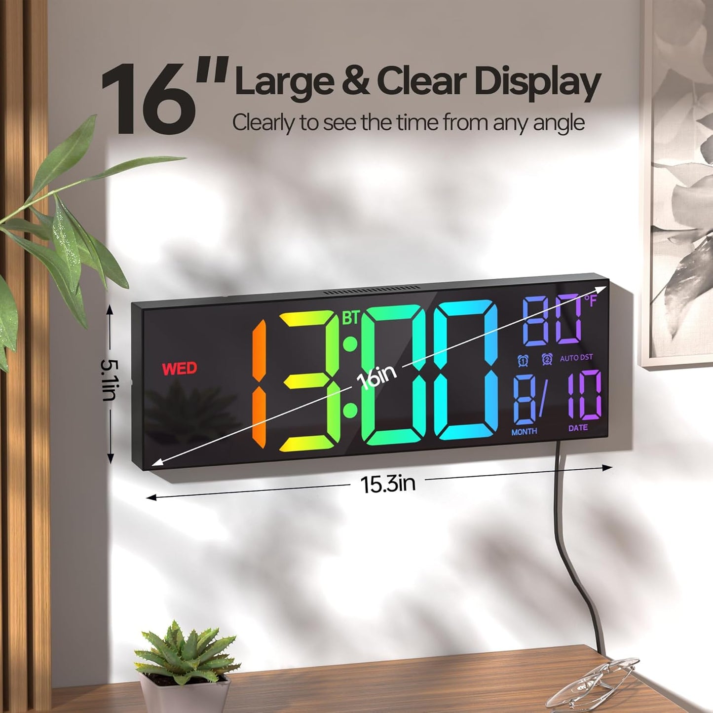 JALL 16.2" Large Digital Wall Clock with Seconds, Bluetooth Sync, Alarm Big LED, RGB Color, DST Temperature for Classroom Bedroom Garage Gym, Mount, Xmas, Birthday Gift for Aged Elderly Mother Father