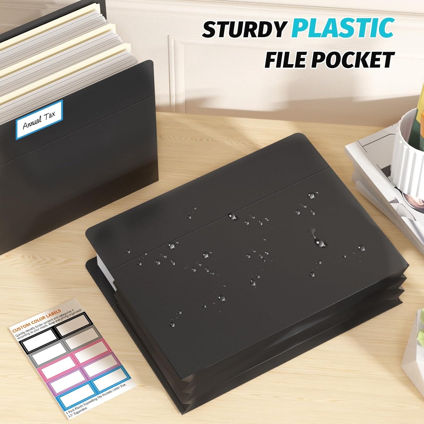 Ansook Plastic Expanding File Pockets,Heavy Duty with 3.5”Expansion,High Capacity Durable Accordion File Jacket,Letter Size,Poly Folder,Straight-Cut Tab, for Manila Folder,Bulk Archiving, 5 Pack,Black