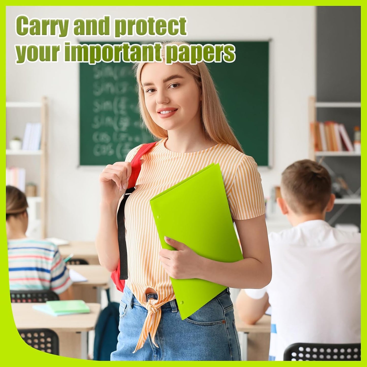 Yeaqee 100 Pcs Plastic Folders with Pockets Bulk 3 Hole Punched 2 Pocket File Folders for 3 Ring Binder Divider Folder for Notebooks, Durable Poly for Office Home (Fluorescent Green)