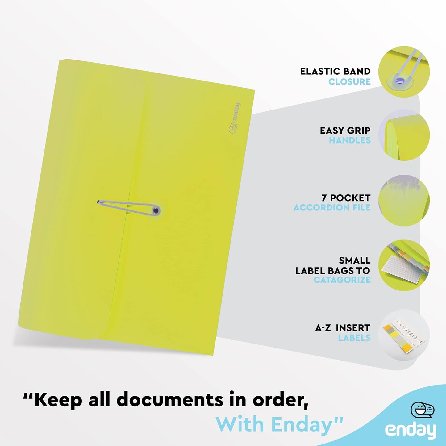 Accordion File Organizer Green, 7 Pocket Expanding File and Cover Folder with Labels, Plastic Portable Desktop Letter A4 Paper, Also Available in Red, Blue, Purple, Pink, Grey, 1 Pc – by Enday