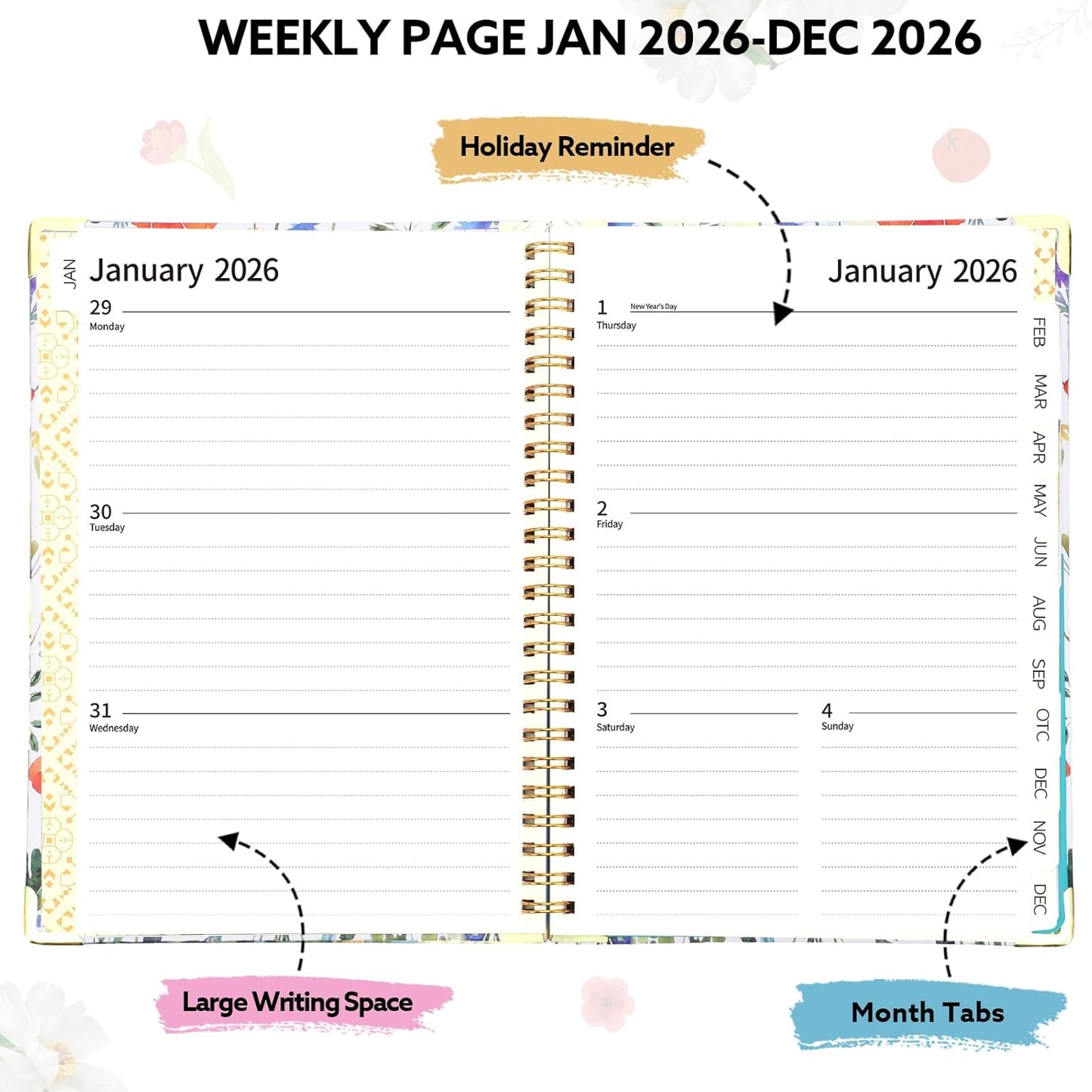 2026 Planner, Weekly and Monthly Planner, January 2026 - December 2026, Calendar Planner A5 (6.5" x 8.5") with Tabs, Inner Pocket for Home School Office Supplies, Red Flower
