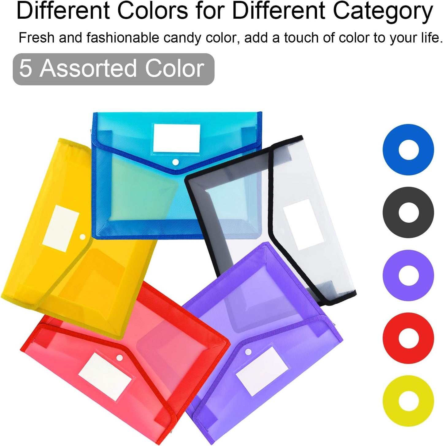 CHEPULA A4 Plastic File Folder Poly Envelope Expanding File Wallet Document Organizer with Snap Closure & Label Pocket Clear Colored Waterproof Accordion File Pouch for Office Home Storage