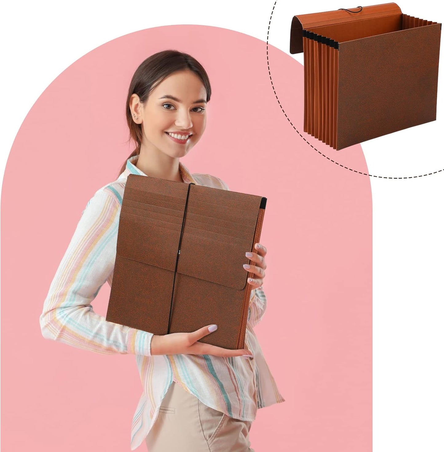 PerKoop 5 Pcs Expanding File Folder with Flap 7 Inch Expansion Expanding File Wallet with Elastic Cord Closure Letter Size Heavy Duty Document Organizer, 10 Slots, Brown