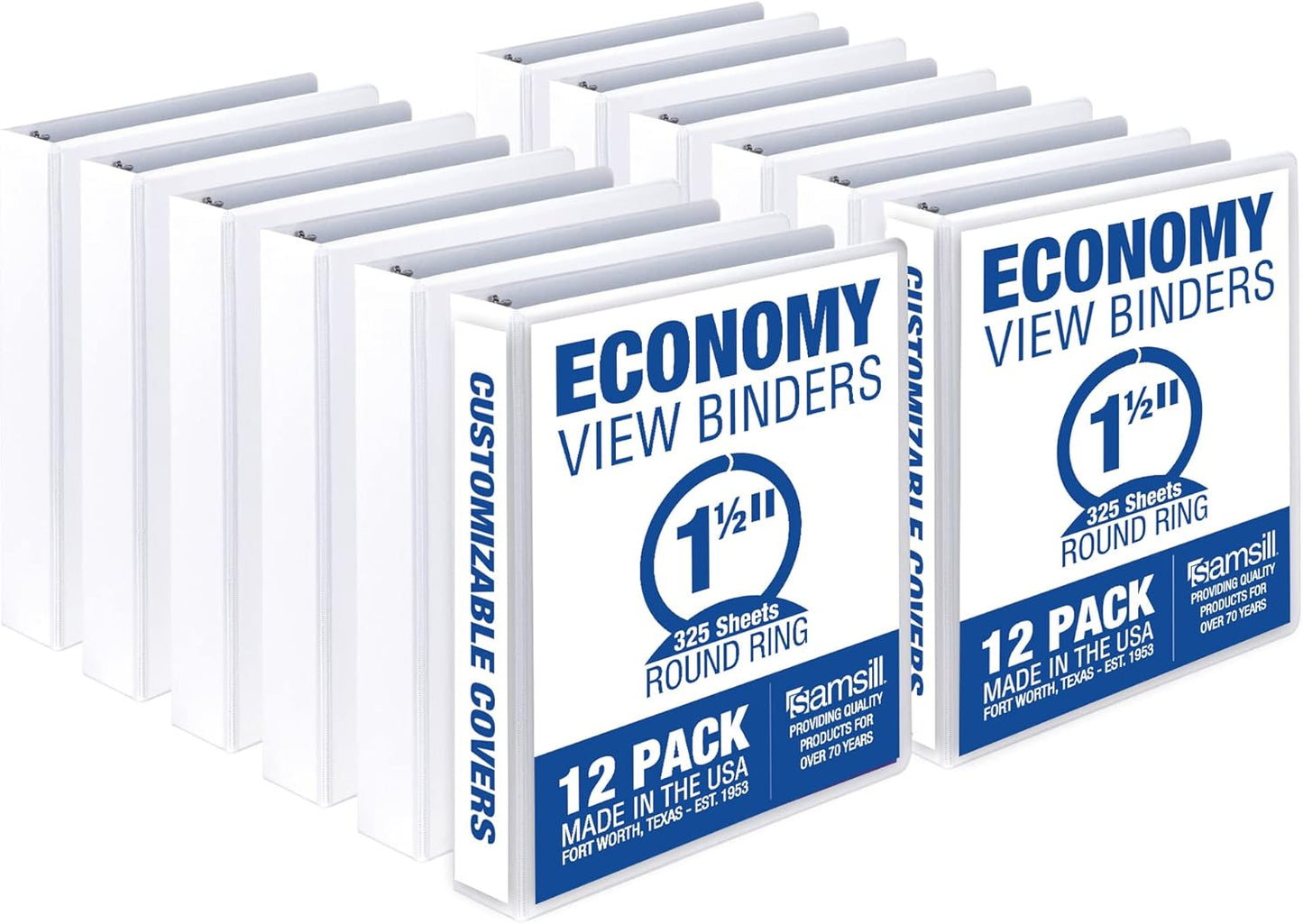 Samsill 1.5 Inch 3 Ring Binders, Made in USA, Economy Round Ring, Clear View Cover, 325 Sheet Capacity - for School, Home, Office - White, 12 Pack