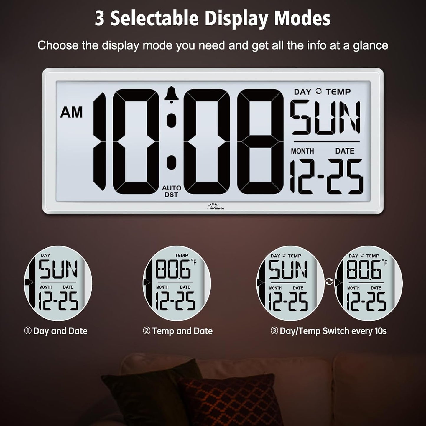 WallarGe Backlight Digital Wall Clock Battery Operated - with Temperature and Date 14.5'' Large Digital Wall Clock, Easy to Read and Set, Auto DST