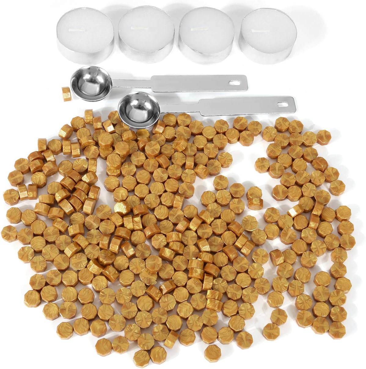 Yoption 300 Piece Octagon Seal Wax Beads with 4 Candles and 2 Melting Spoons for Wax Seal Stamp (Gold)