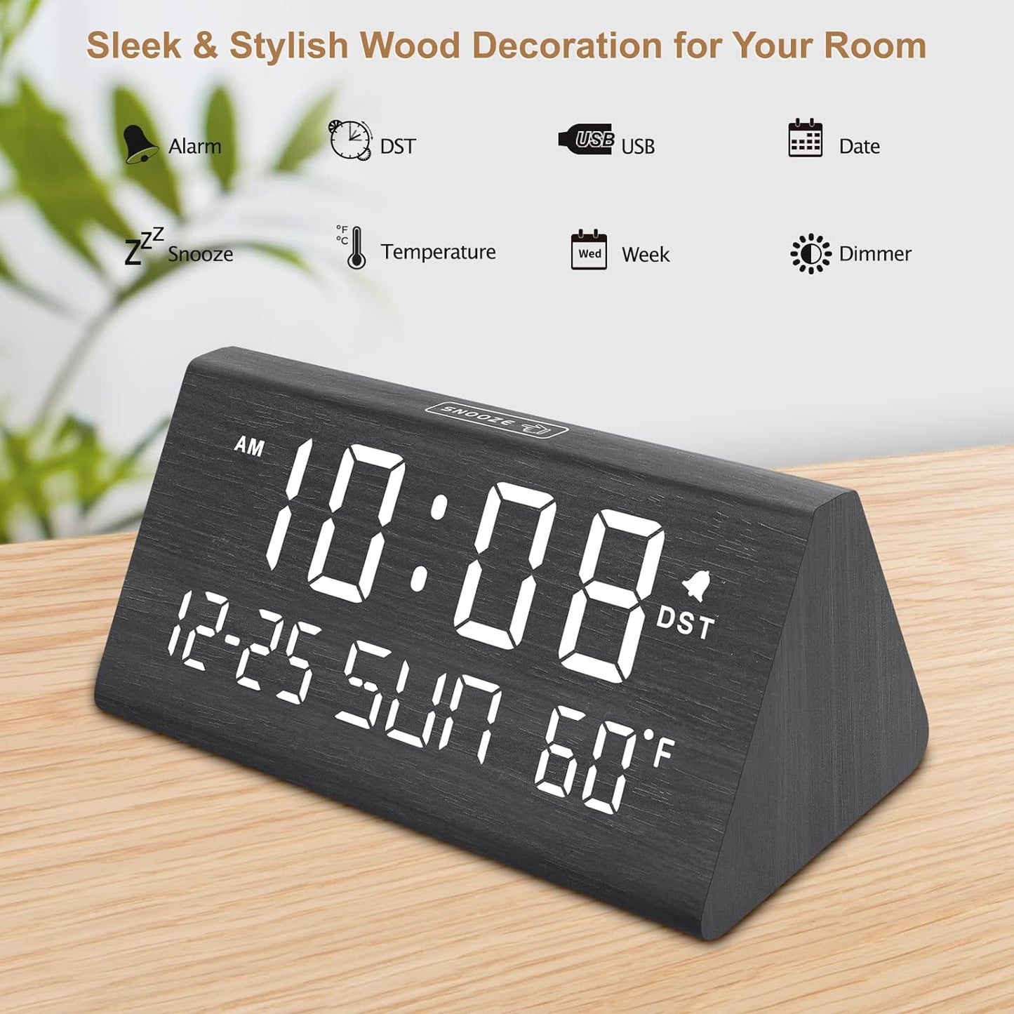 DreamSky Digital Alarm Clocks for Bedrooms - Wooden Desk Clock with Date, Day of Week, USB Port, Temperature, Dimmer for Bedside Table, Living Room, Office, Adjustable Volume, Auto DST, Wood Decor