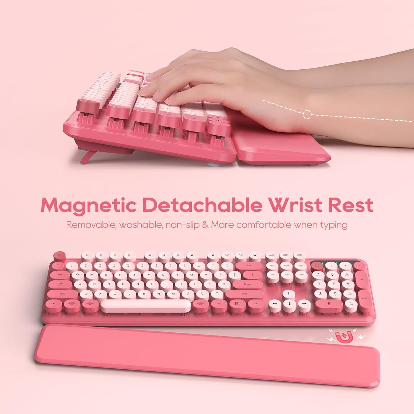 Wireless Keyboard and Mouse Combo - Round Keycaps, Full-Size Retro Typewriter Keyboard with Detachable Wrist Rest, Sleep Mode & Tilt Legs, 2.4GHz Cordless Connection for Mac/Windows/PC (Hot Pink)