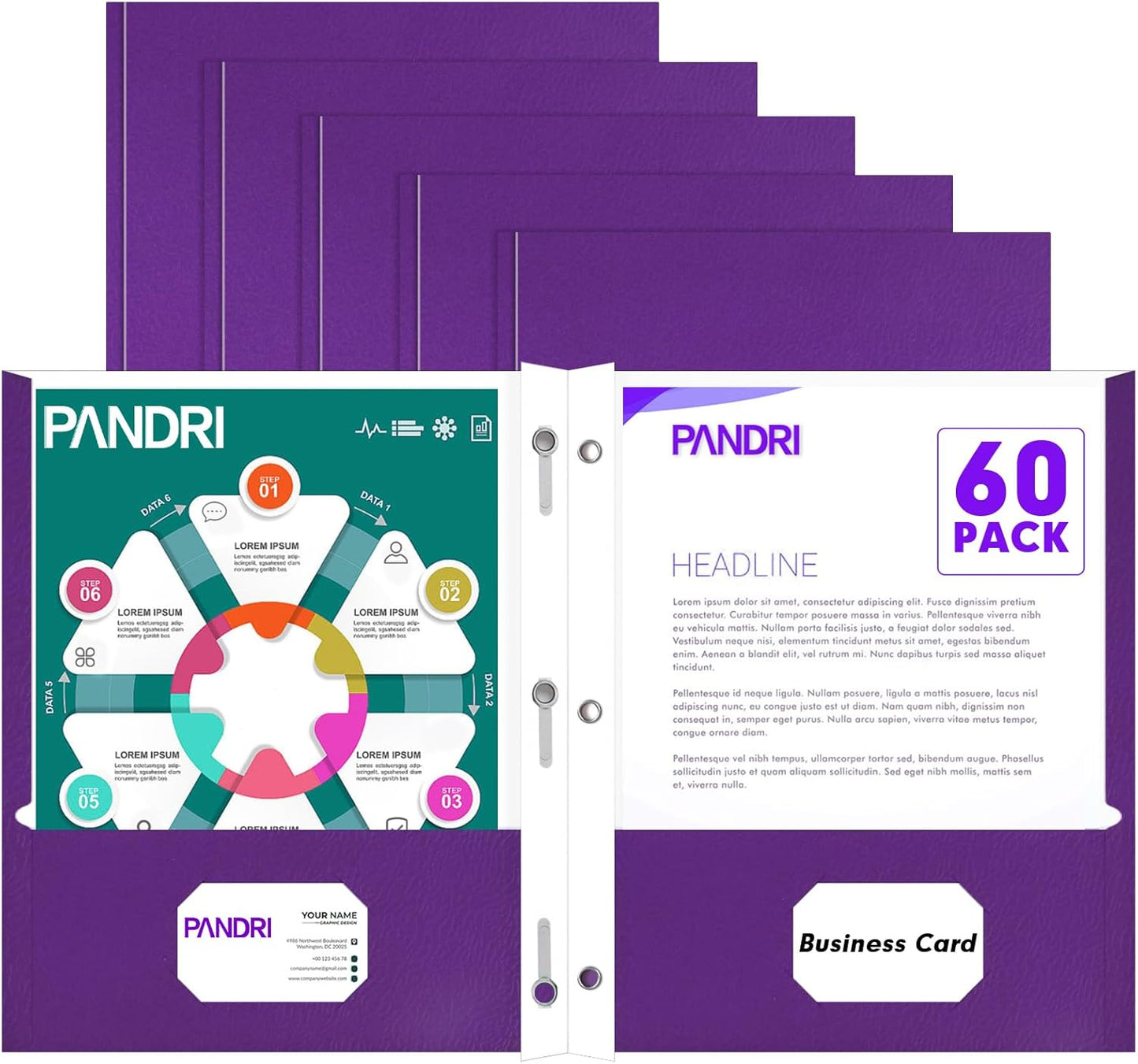 Two Pocket Folders, PANDRI 60 Pack Two Pocket Folders with Prongs, 3 Prong Folders Designed for Office and Classroom, Letter Size Purple