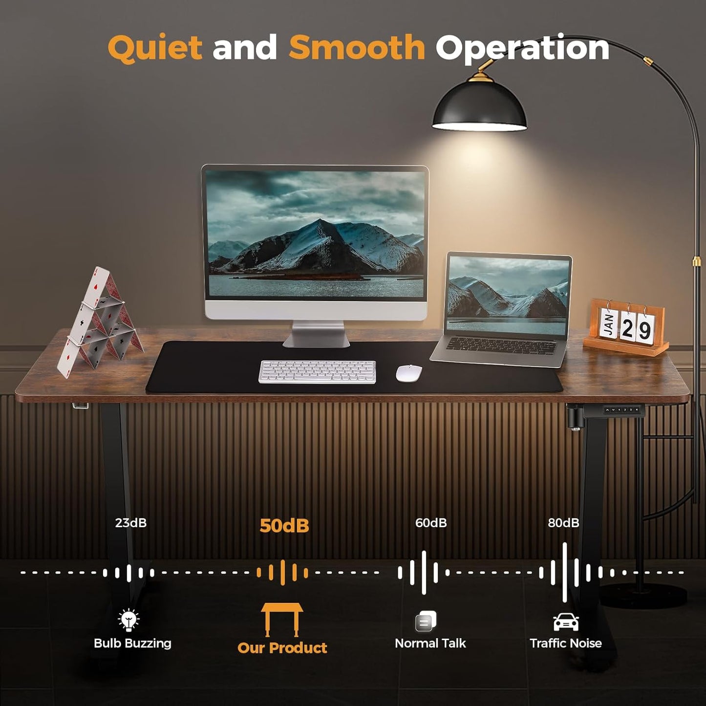 Electric Standing Desk 48 x 24 Inches Adjustable Height Ergonomic Sit Stand Up Curved Desk for Home Office Computer Workstation with 2 USB Ports 3 Power Outlets Memory Preset Wheels, Brown