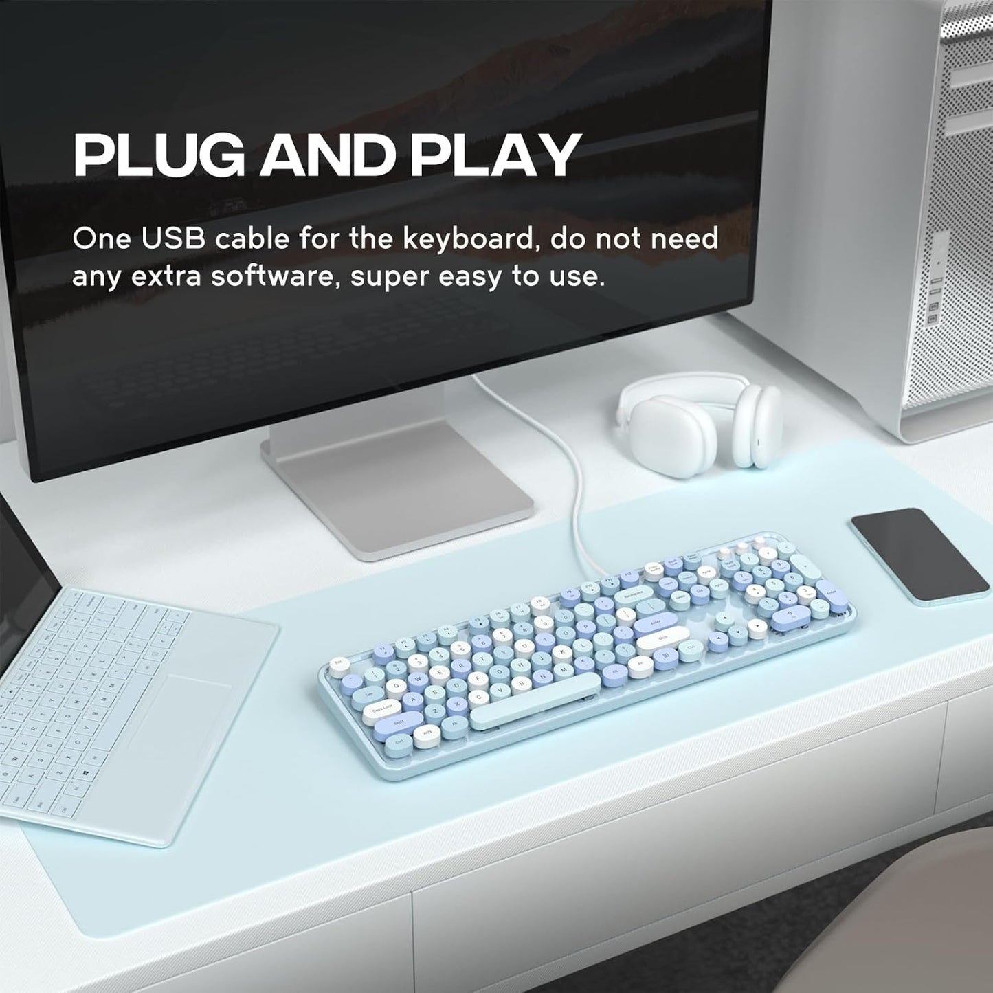 Wired Keyboard, Full-Sized Typewriter Keyboards, USB Plug and Play Office Keyboard with Number Pad, Caps Indicators, Foldable Stands for Windows, PC, Laptop, Desktop (Blue Colorful)