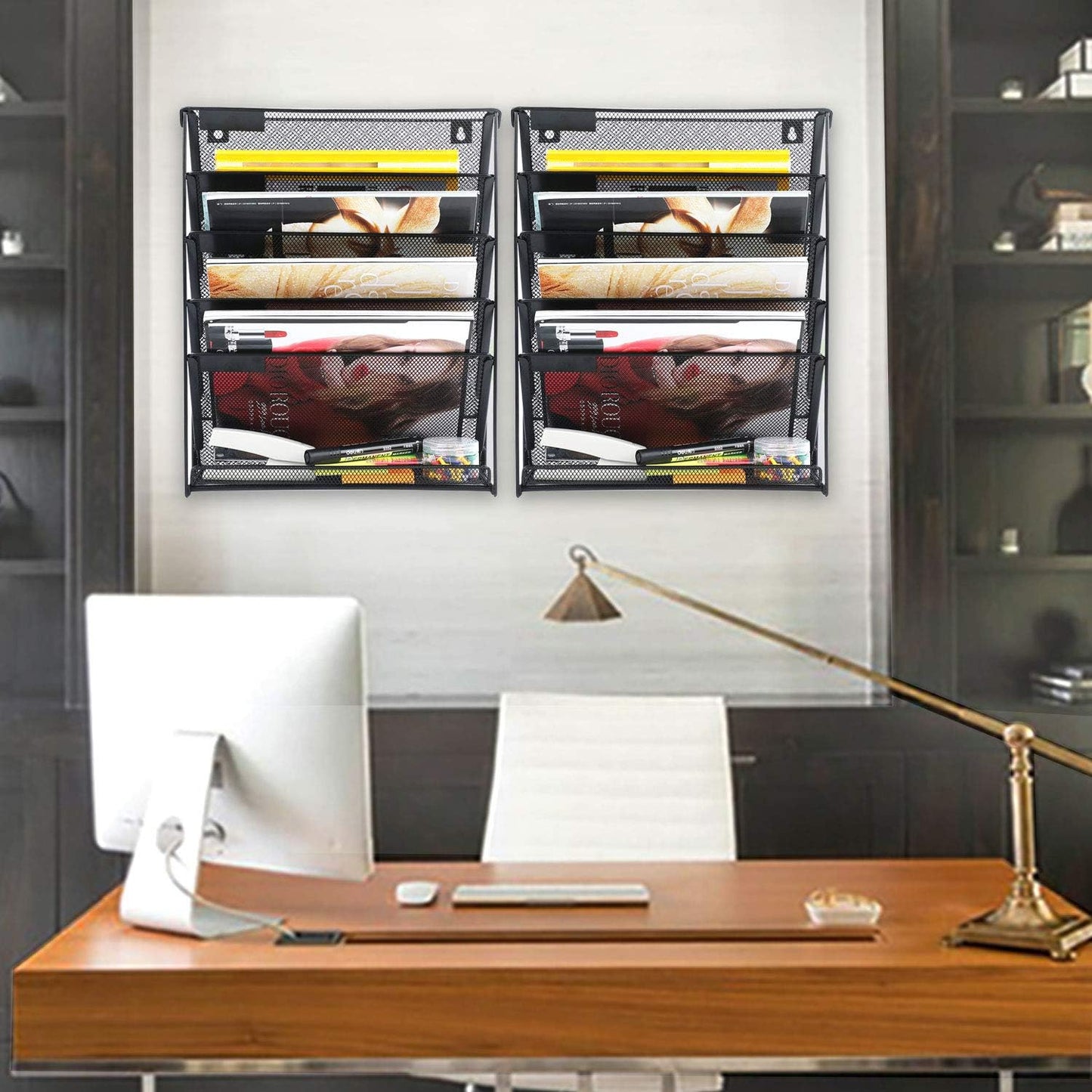 samstar 2 Pack Wall File Organizer, 6-Tier Wall Mount Paper Holder Vertical File Rack for Office Home, Black.