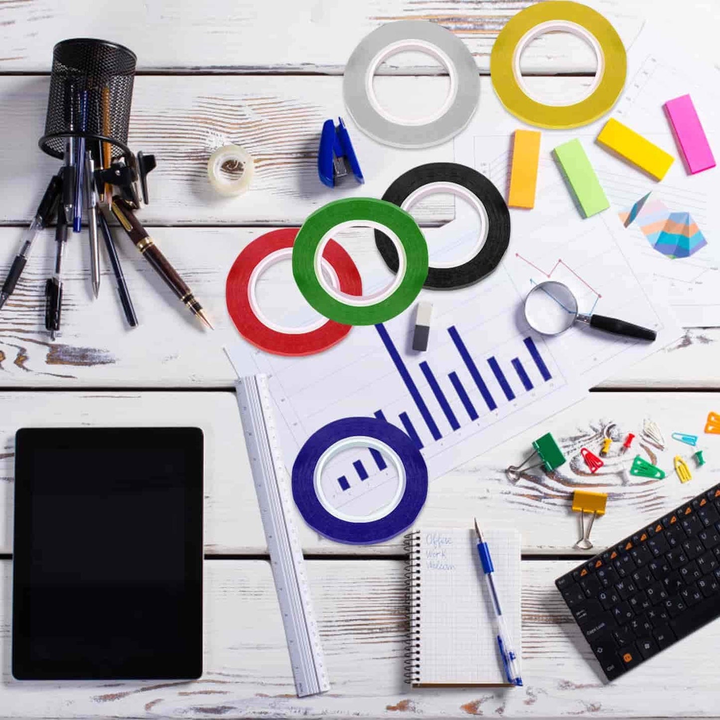 cridoz 6 Rolls 1/8 Whiteboard Tape Thin White Board Tape Lines Pinstripe Dry Erase Art Tape Graphic Chart Grid Electrical Tape, 108 Feet Per Roll