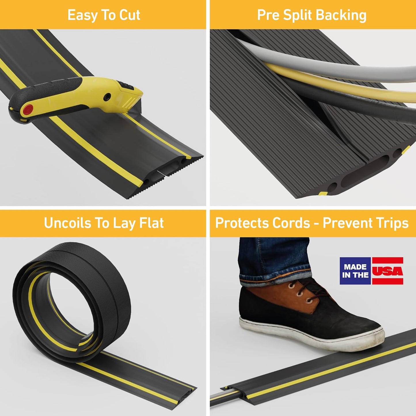 D-Line 6ft Floor Cord Cover, Made in USA Linkable Cable Protector, Hide Extension Cords, Protect Cords, Prevent Cable Trips, Cord Hider, Heavy Duty - Cord Cavity = 1.18" (W) x 0.39" (H), Black/Yellow