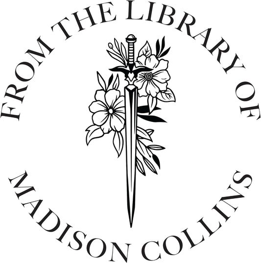 Personalized Book Embosser or Stamp Custom Round Library Embosser Teacher Library Book Stamp, Ex Libris Stamp, Gift for Book Lover | Wooden or Self Inking Stamp or Embosser (Floral Sword)