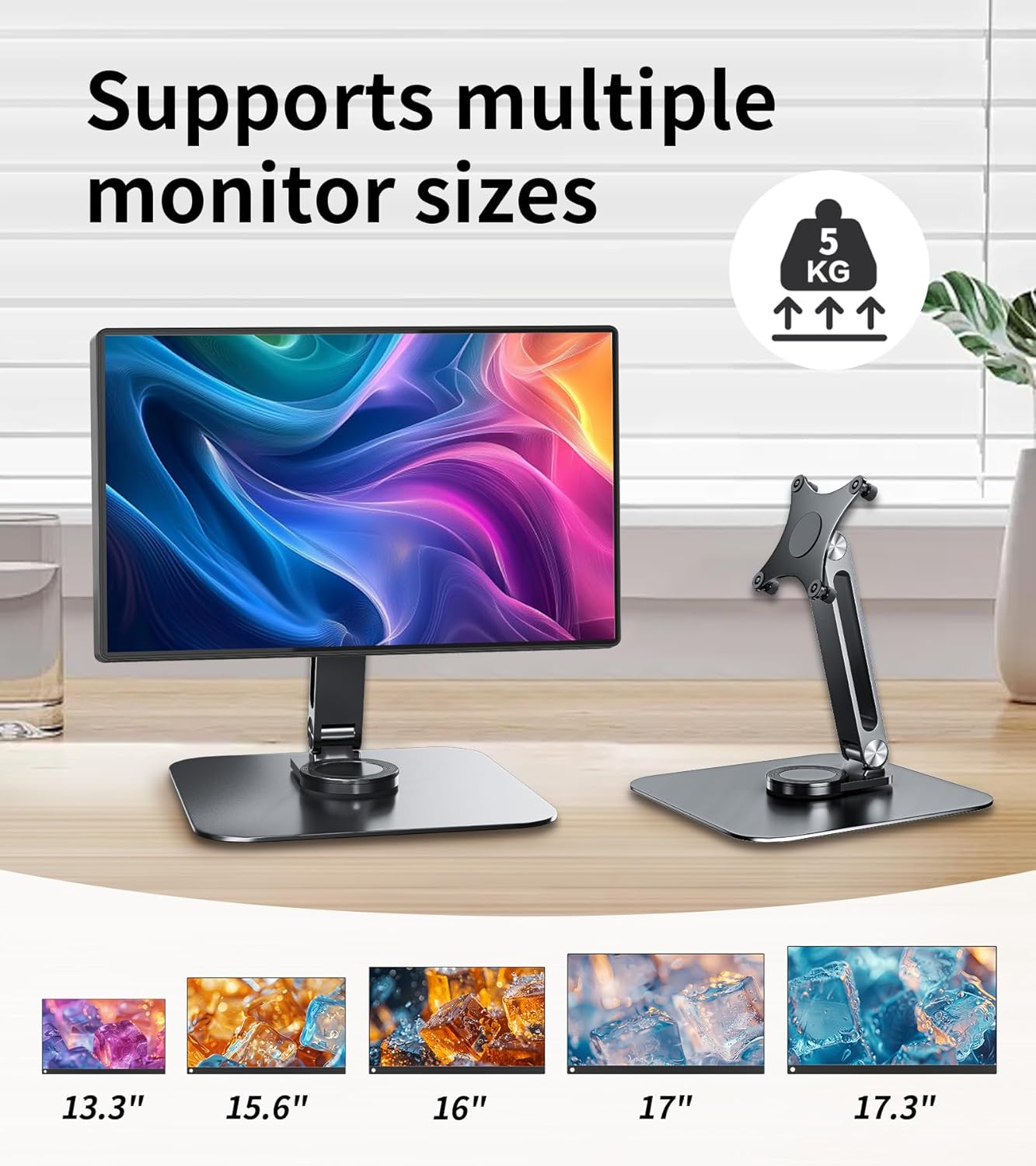 13-17.3" Monitor Stand with 360° Swivel Base, 75mm VESA Single-Arm Mount w/ M4 Screws for Portable Monitor, Adjustable Angle & Tilt & Rotation - Touchscreen Desktop Display Stand (Black)