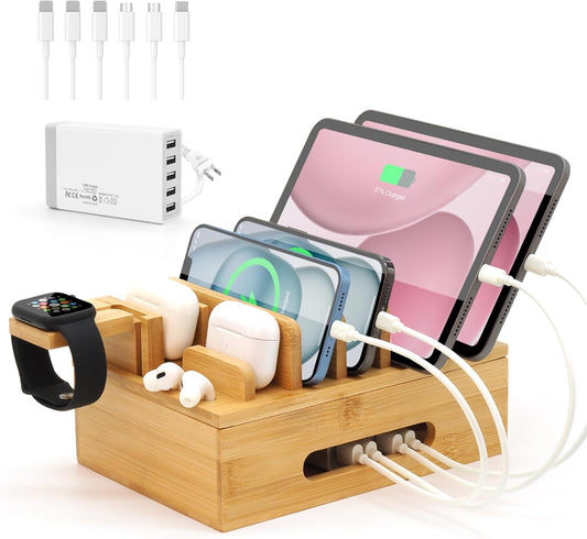 Bamboo Charging Station for Multiple Devices, Desk Wood Docking Station for Phones, Tablets, Watch, Earbuds, Charger Organizer Included 6 Cables & 5-Port USB Charger