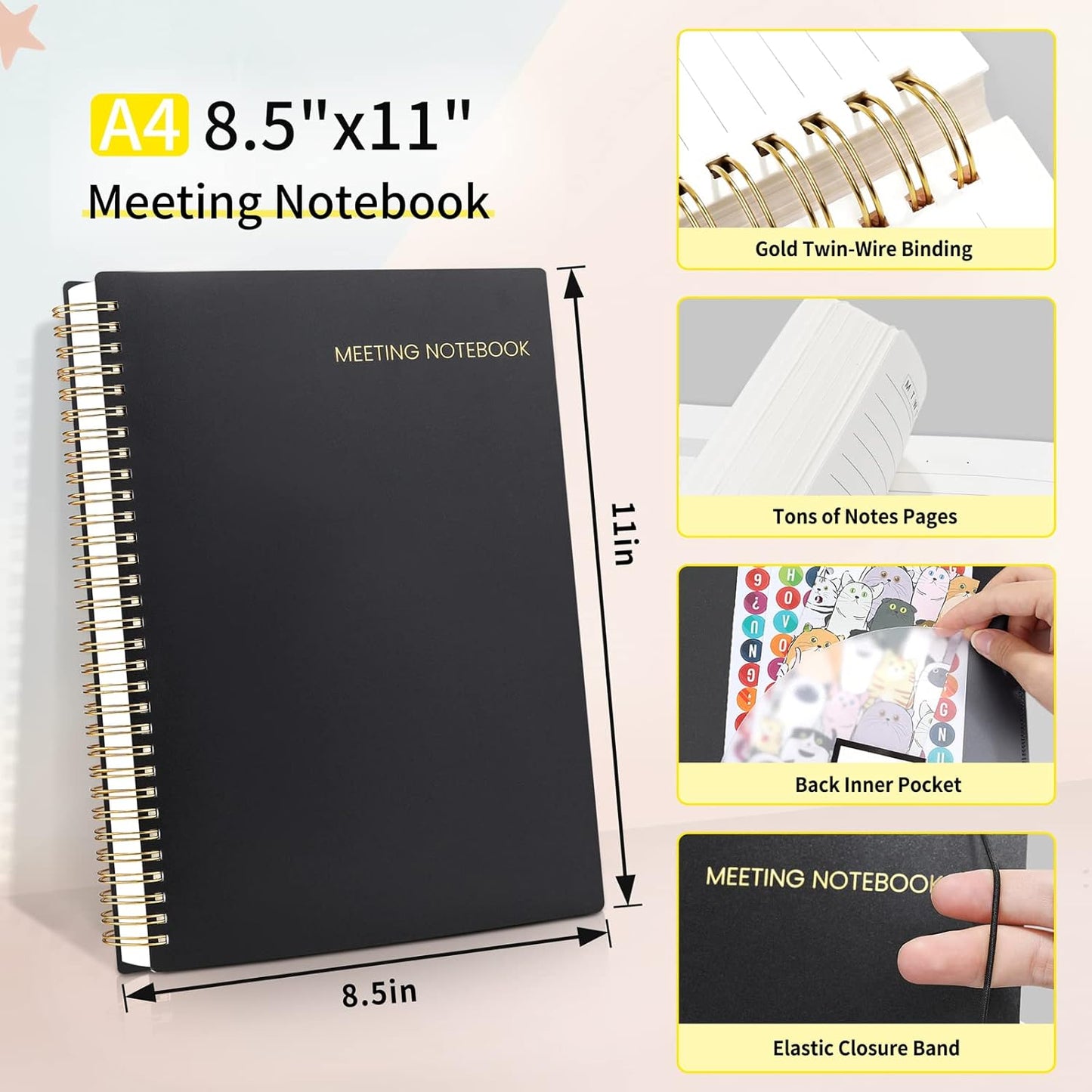 SUNEE Meeting Notebook for Work with Sticky Tabs - 160 Pages, A4 Size Project Planner, Spiral Meeting Agenda/Minutes Notebook Organizer for Women Men, Note Taking, Office & Business, 8.5"x11", Black