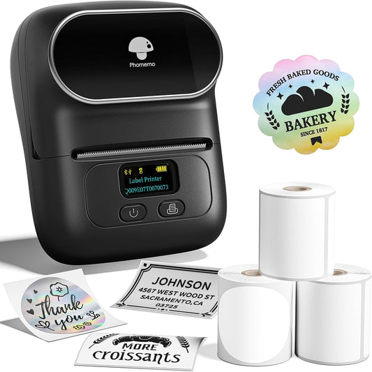 Phomemo M110 Label Printer - Bluetooth No Ink Printer with 3 Tapes, Mini Portable Barcode Label Printer for Retail, Address, Barcode, Home, for PC/Mac, iOS/Android, Ebony Black
