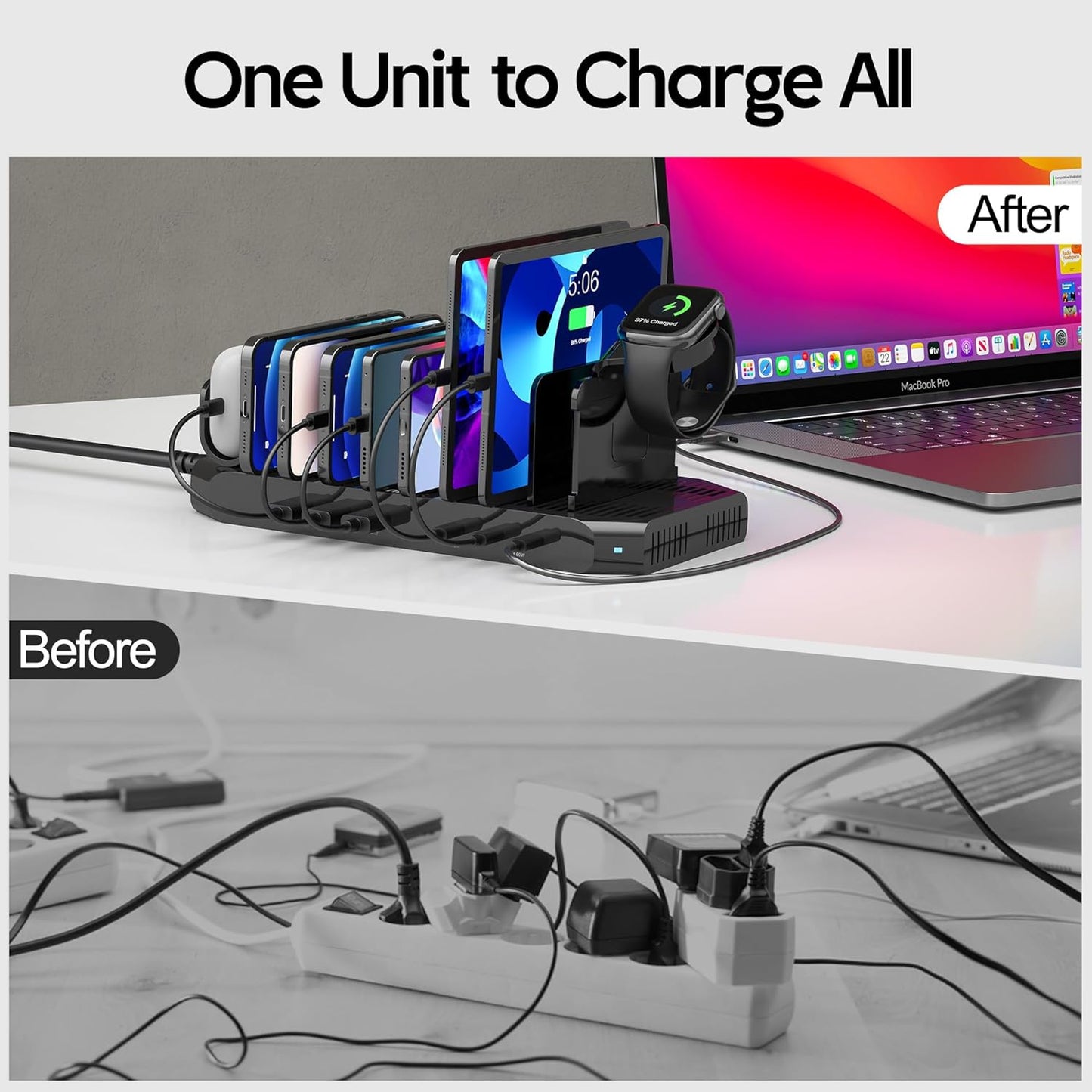 Unitek USB C Charging Station for Multiple Devices Apple - 6 Port MacBook Laptop Charging Dock with Type-C PD 60W Fireproof Fast Charging Stand with Smartwatch & Airpods Holder for iPhone iPad Tablet