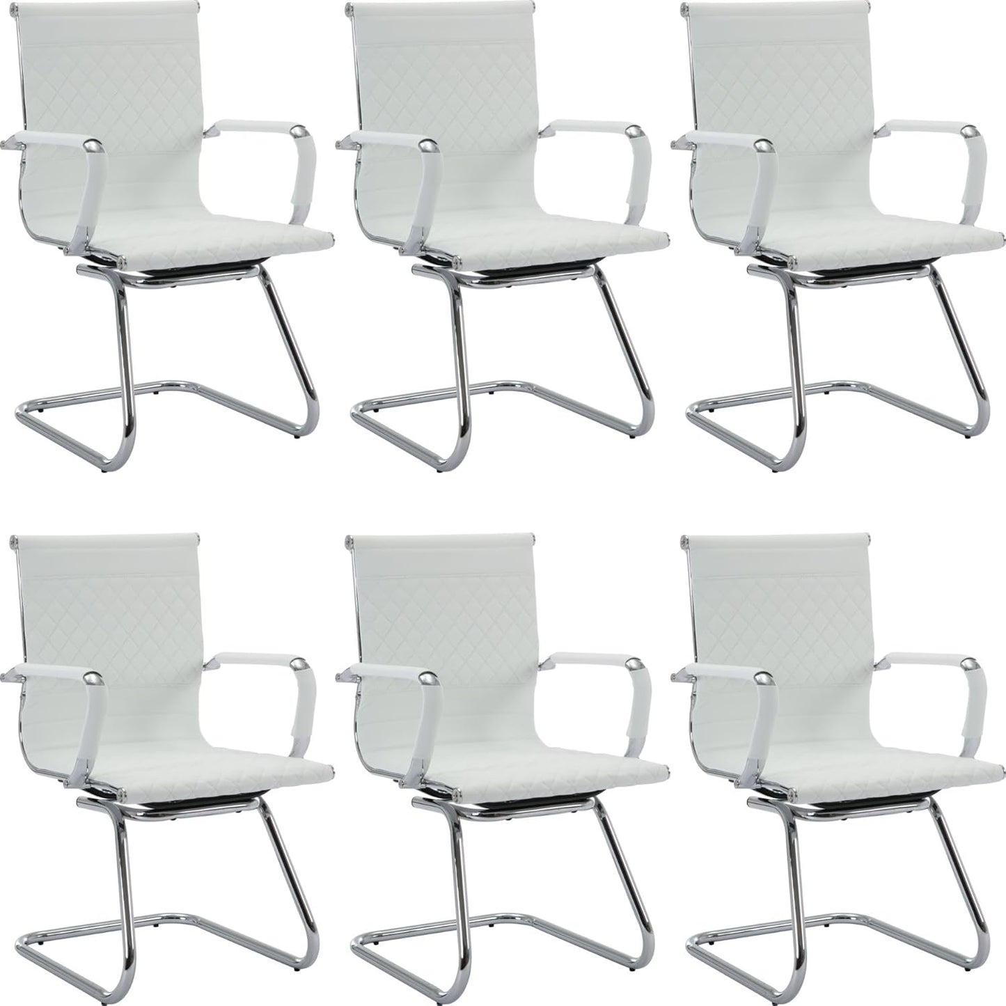 Office Guest Chairs - Set of 6 Modern PU Leather Desk Chairs for Reception, Waiting, and Conference Rooms - Mid Back, White