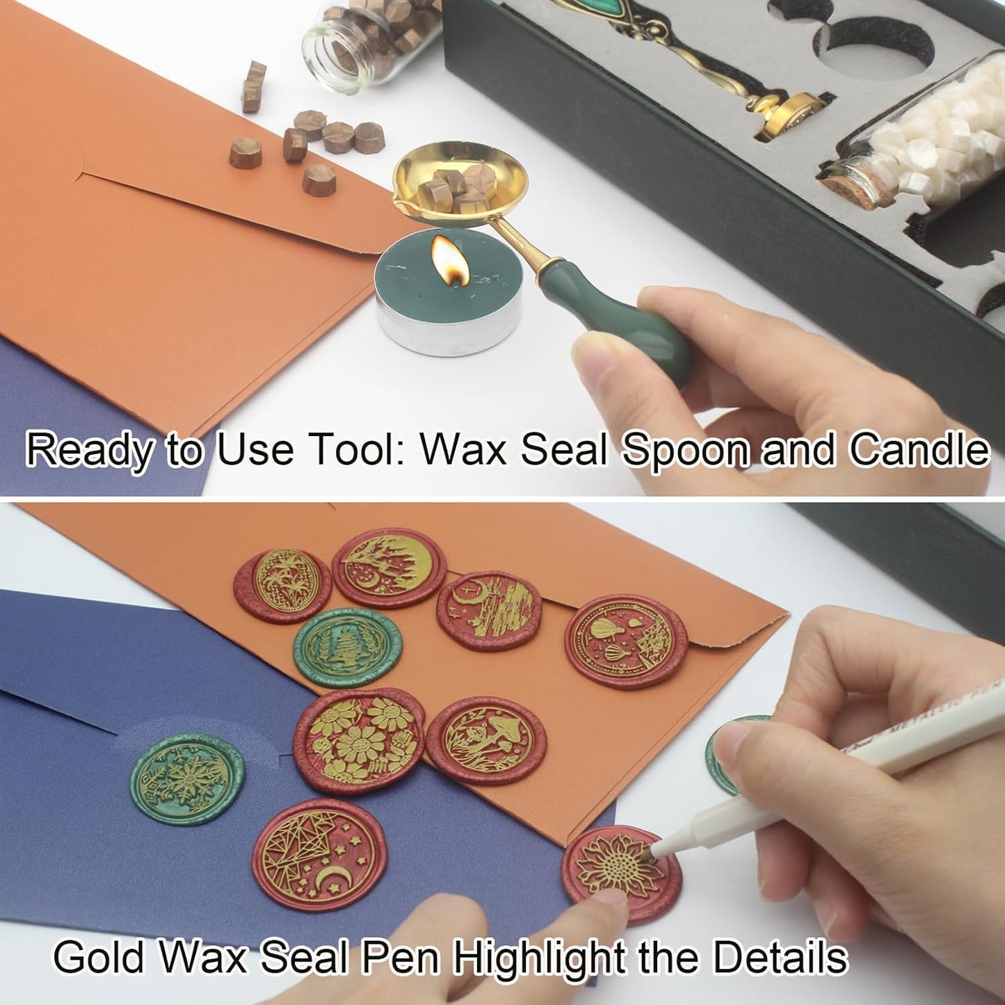 Letter Wax Seal Stamp Kit, Andotopee Wax Seal Kit Initial Alphabet A Sealing Wax Stamp Head 3pcs, Vintage Wax Stamp Seal Kit with Wax Seal Beads, Wax Seal Warmer Tools, Wax Seal Pen, Gift Box Set