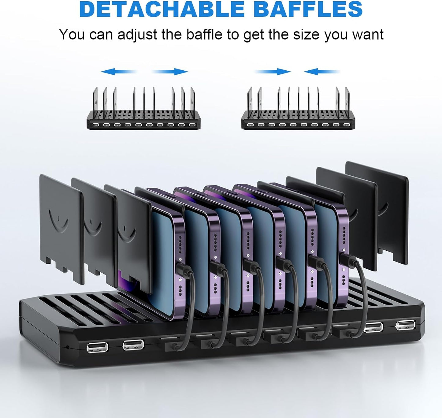 Charging Station for Multiple Devices, Cinlinso 60W 10 Port USB Fast Charging Station with Adjustable Dividers, Compatible with iPhone, iPad, Tablets and Cell Phone (Black)