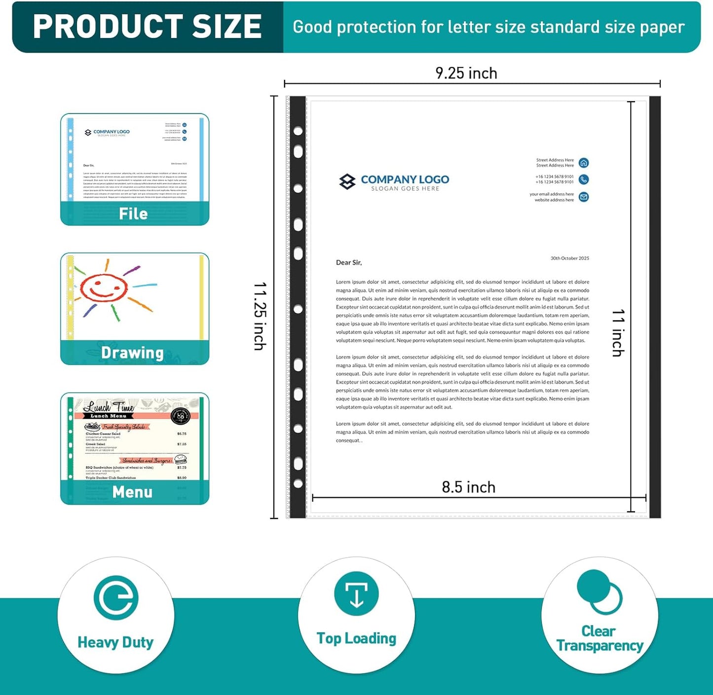 Sheet Protectors, PANDRI 300 Pack Color Heavy Duty Plastic Page Protectors Sheet Reinforced 11-Hole Fit for 3 Ring Binder Fits Standard 8.5 x 11 Paper, 9.25 x 11.25 Top Loaded, Excluding Acid