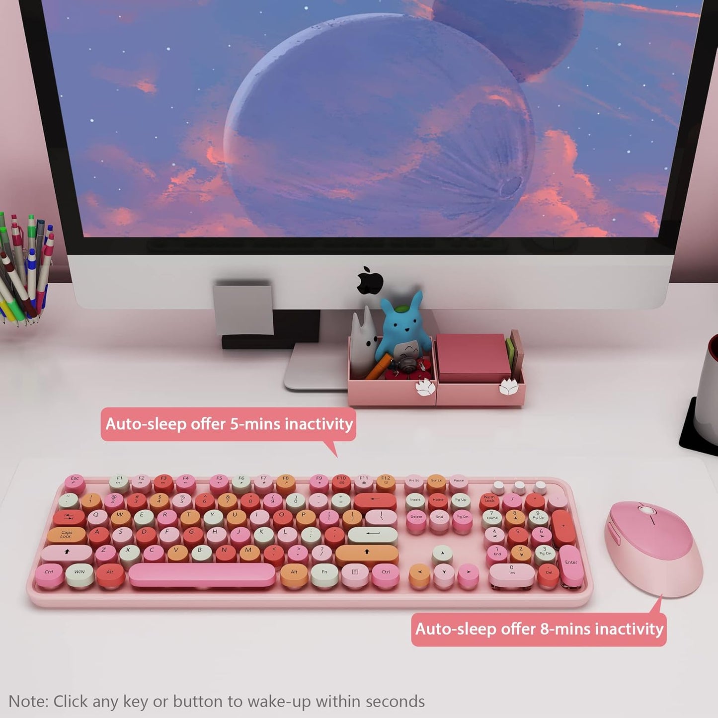 KOOTOP Cute Pink Wireless Keyboard and Mouse, 2.4G Wireless with Retro Round Keycap for PC, Mac, Laptop, Tablet, Computer Windows