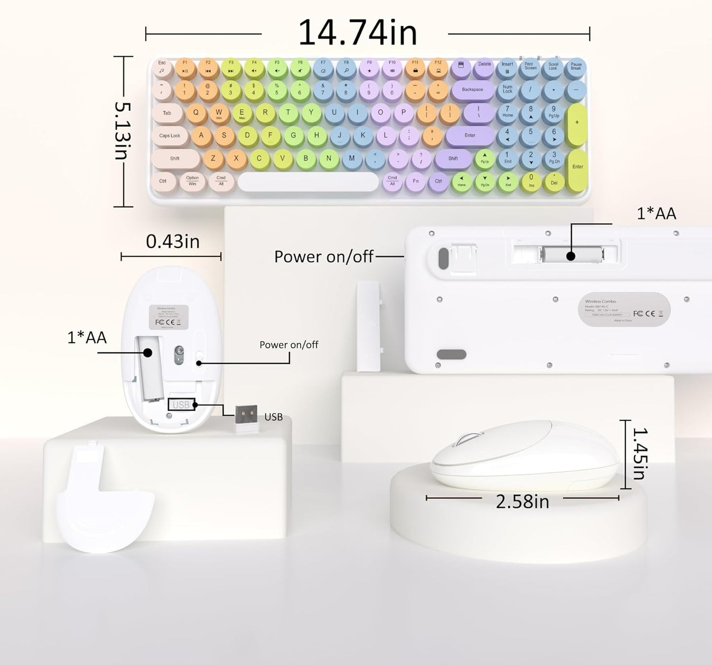 Colorful Wireless Keyboard Mouse Combo, Gradient Rainbow Colors 100 Keys and 2.4GHz Optical Mouse Connection for Windows, Mac, Laptop, PC, Desktop (White Colorful)