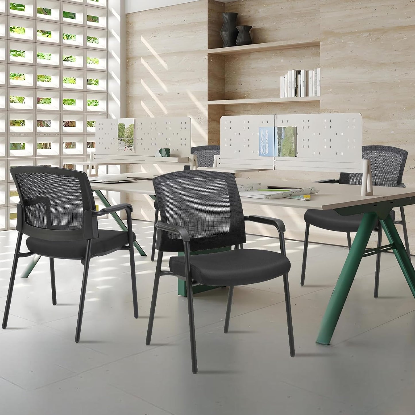 CLATINA Office Reception Guest Chair Mesh Back Stacking with Ergonomic Lumbar Support and Thickened Seat Cushion for Waiting Conference Room Black 4 Pack