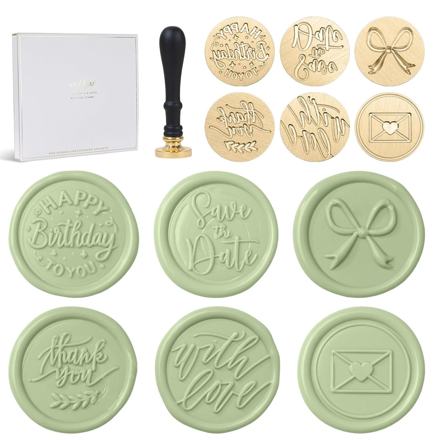 UNIQOOO 6 Pcs Wax Seal Stamp Set, Blessing Sealing Stamper Kit, Wooden Handle with Brass Head for Party Invitations, Envelops, Greeting Cards (Phrases Series)