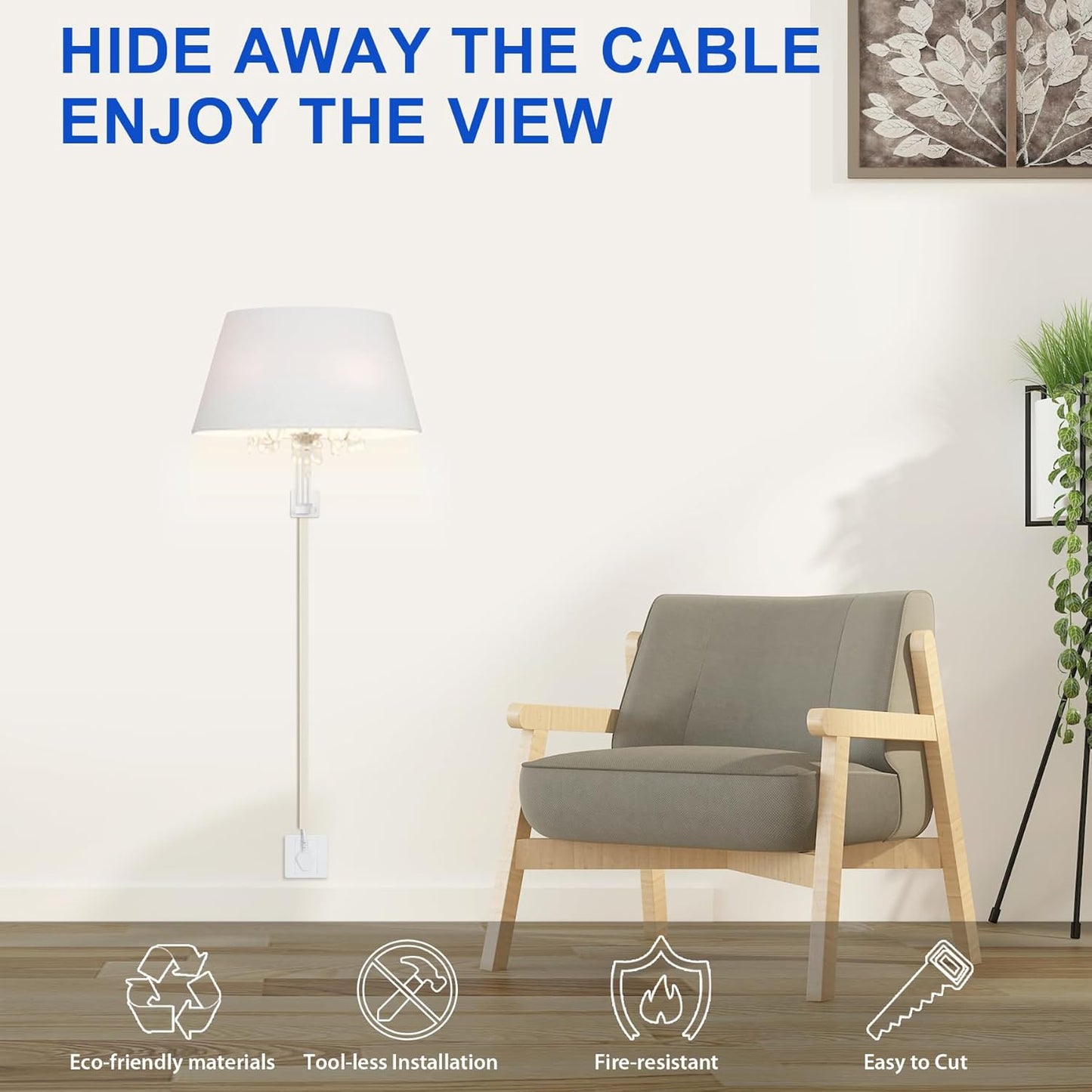 Cord Hider Wall for One Cord, 136in Wire Covers Wall, Easy Install Cable Cover Kit, Cable Raceway Beige, Wire Management Wall, 8X L17in W0.6in H0.4in